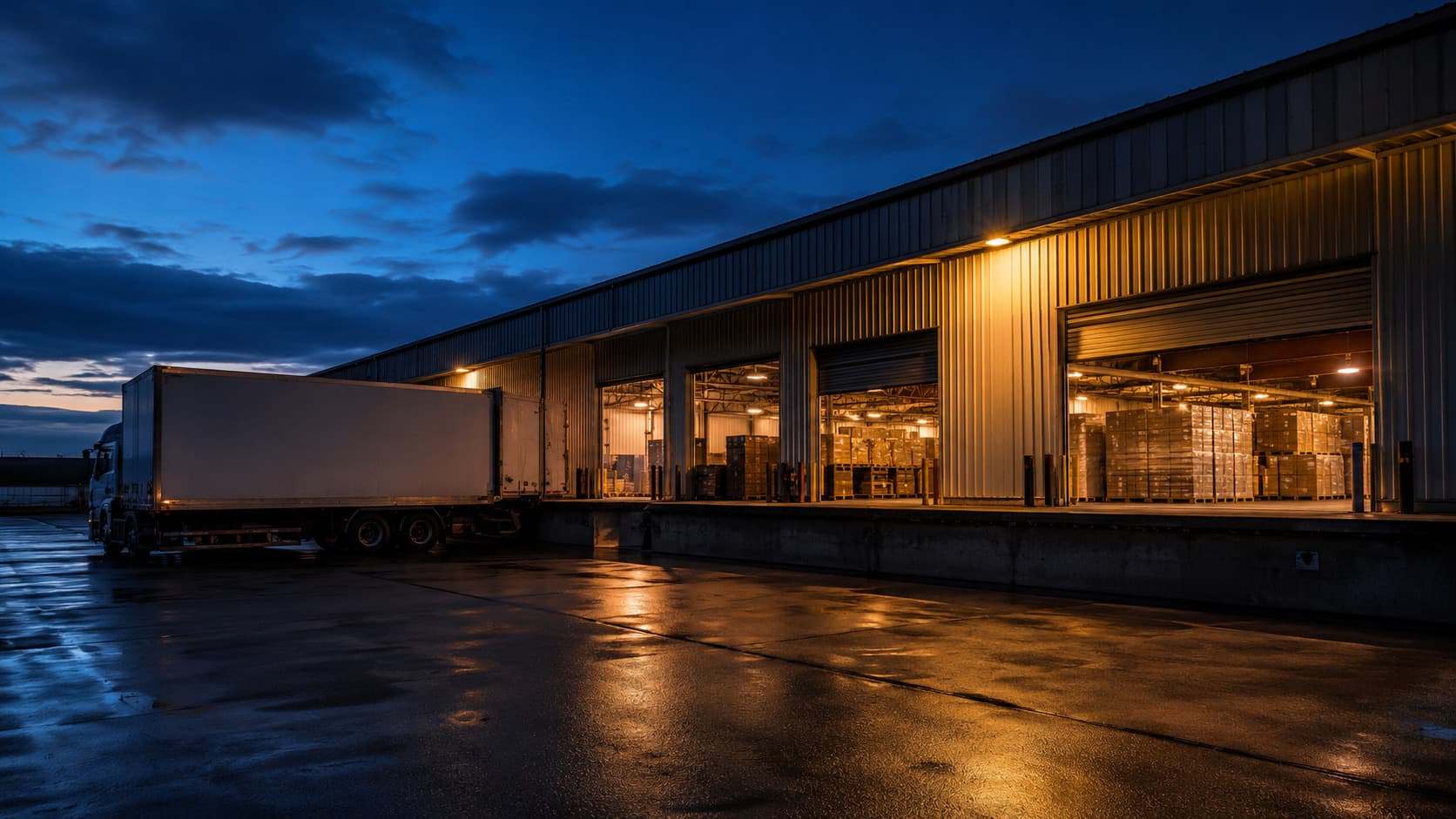A warehouse dispatch yard at dusk, roller doors warmly lit from inside, a truck backed to the dock at the end of a shift.