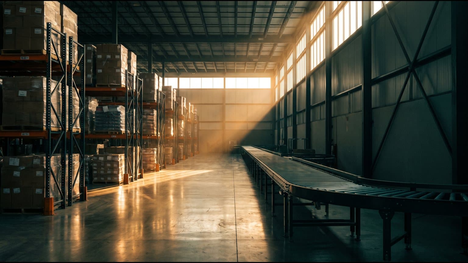 An empty warehouse at the end of a shift, warm light falling along two long aisles, one side plain pallet racking and the other a conveyor spur running into the dark, no people and no readable signage.