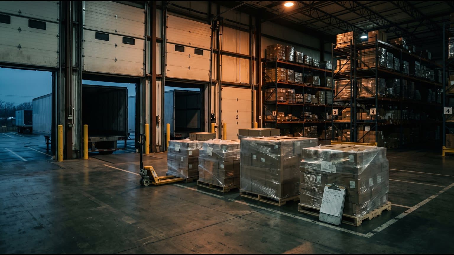 A warehouse loading dock before dawn, trailers backed up to two open dock doors under a blue sky, shrink-wrapped pallets staged in lanes on the floor with a pallet jack beside them and stocked racking behind.