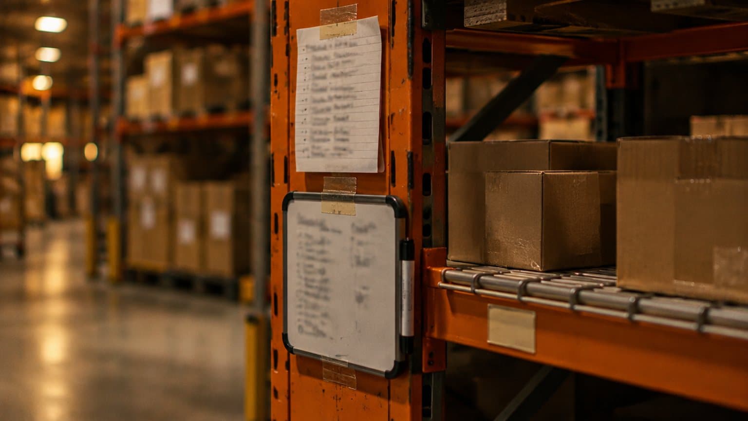 Handwritten paper notes and a small whiteboard taped to a pallet racking upright beside a pick face, lit by warm overhead light with a shallow depth of field.