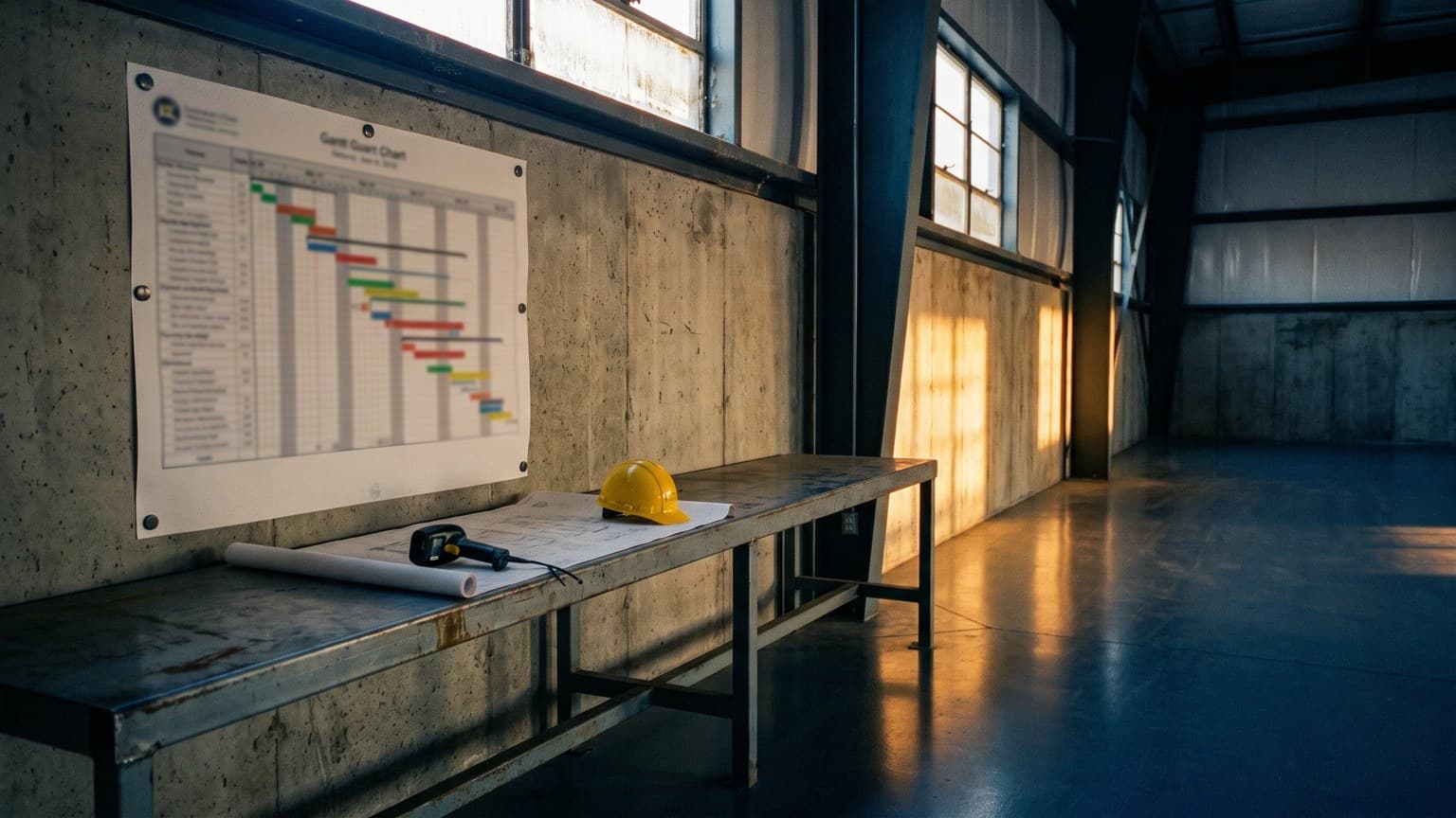 A project bench inside a new distribution centre, a printed programme chart pinned to bare concrete, a hard hat and an RF scanner resting on the plan under high window light.