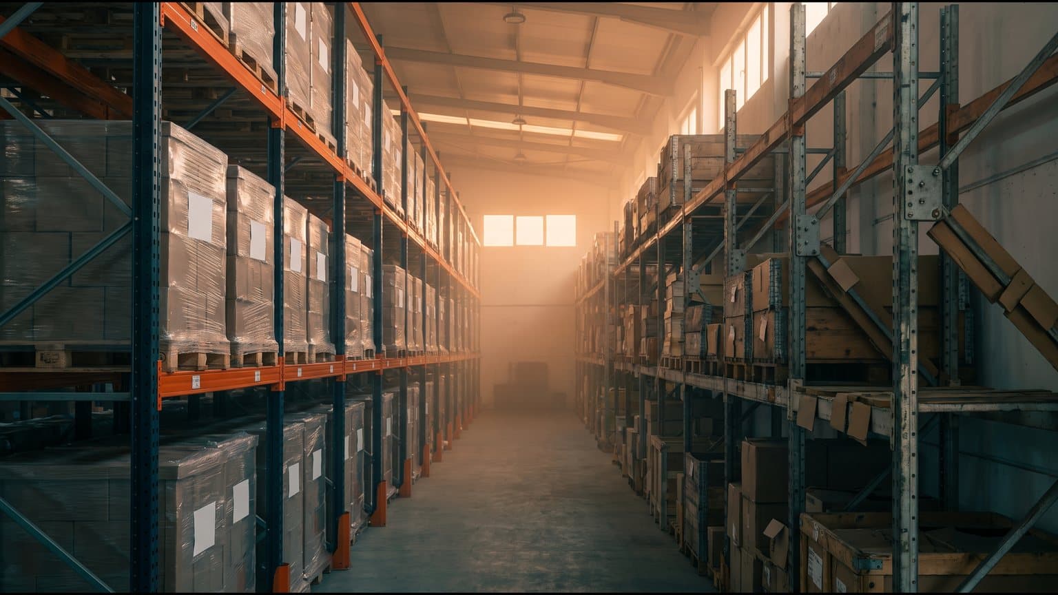 An empty warehouse aisle in warm low light, half the racking freshly labelled and ordered, the other half worn and patched with hand-fitted brackets, both running toward the same vanishing point.