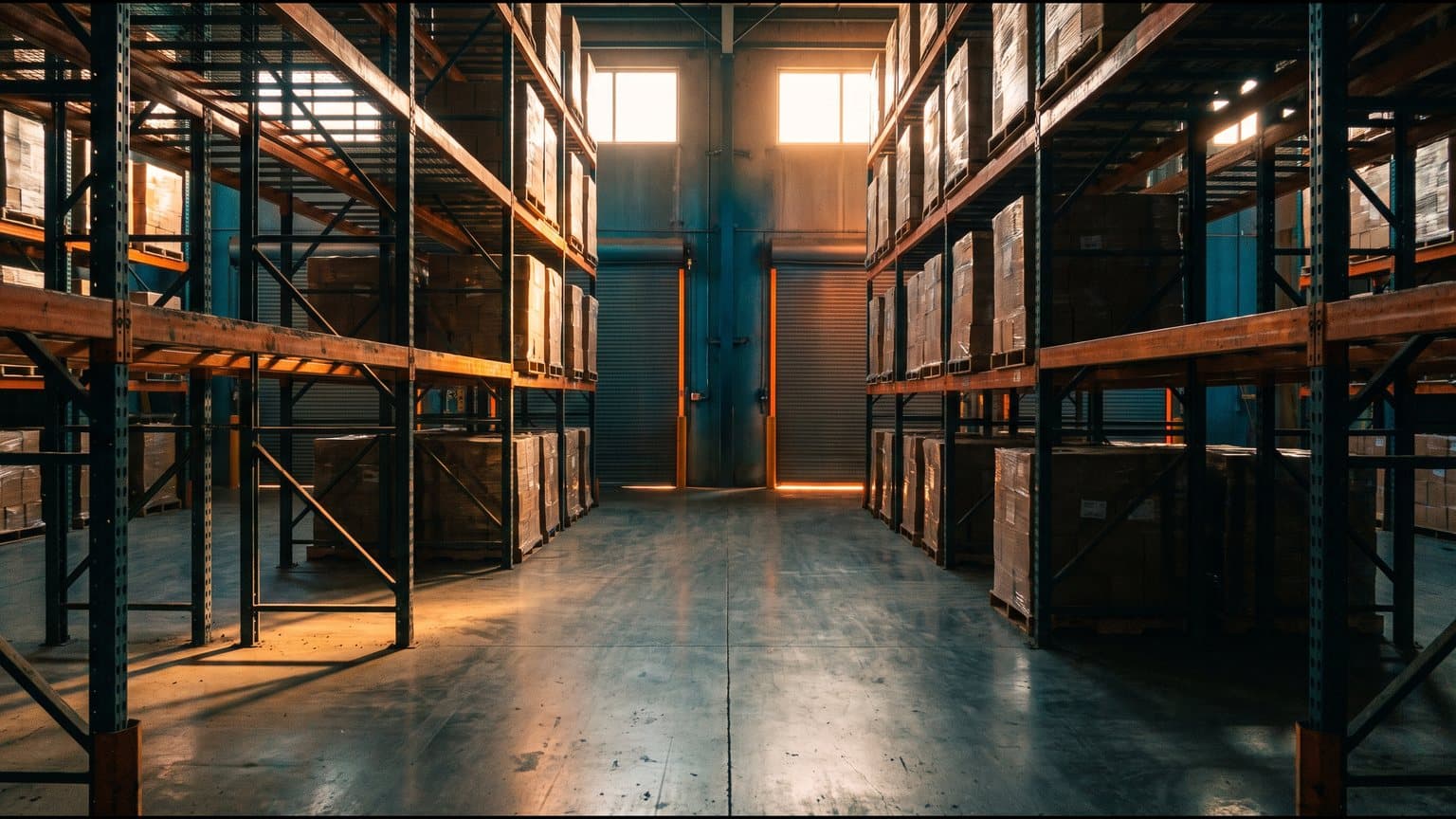 An empty warehouse aisle in warm evening light, pallet racking on both sides some bays loaded and some left empty, and a clean concrete floor running to closed roller doors at the far end.