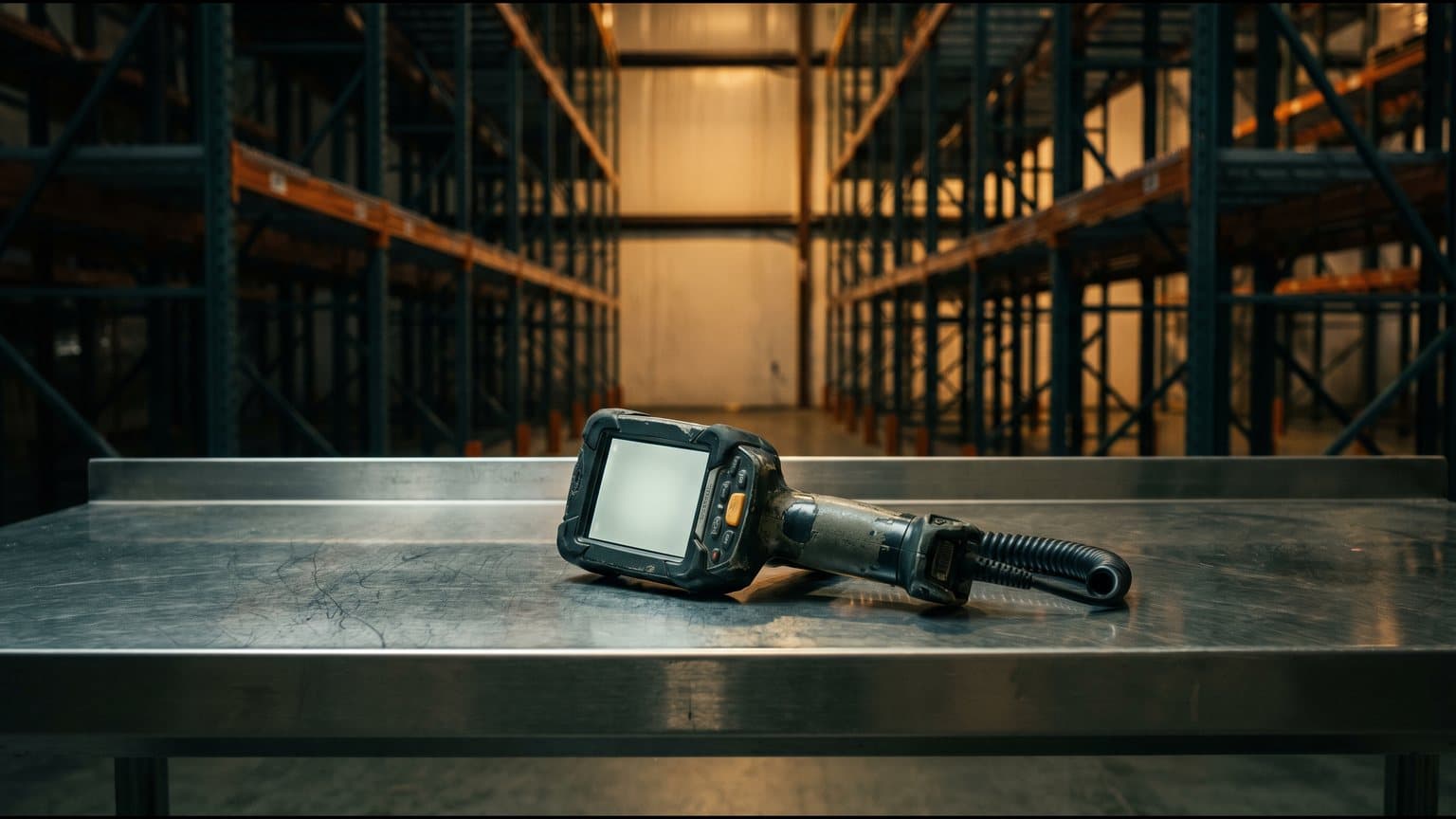 An empty warehouse aisle in warm low light, pallet racking receding into the distance, a single handheld scanner resting on a steel bench in the foreground, no people and no readable signage.