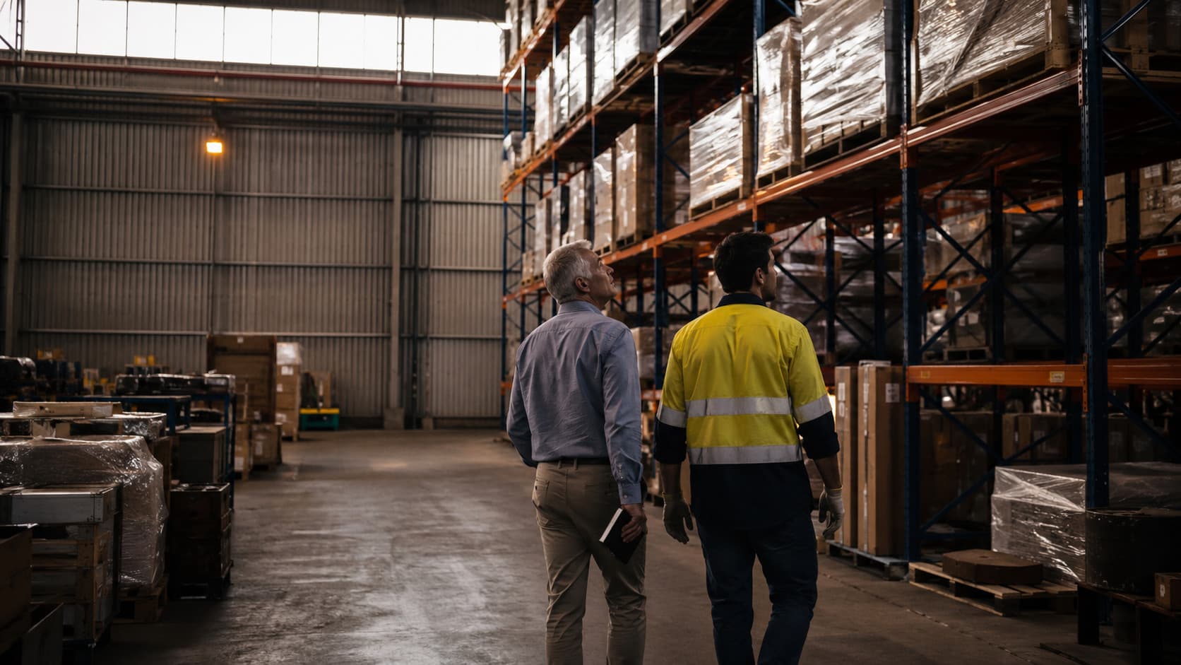 A senior consultant walking a working warehouse aisle beside a hi-vis operator, notebook in hand, under late-afternoon clerestory light.