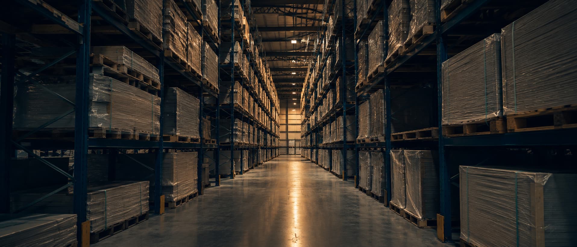 Towering corridor of steel pallet racking receding into a vast warehouse.