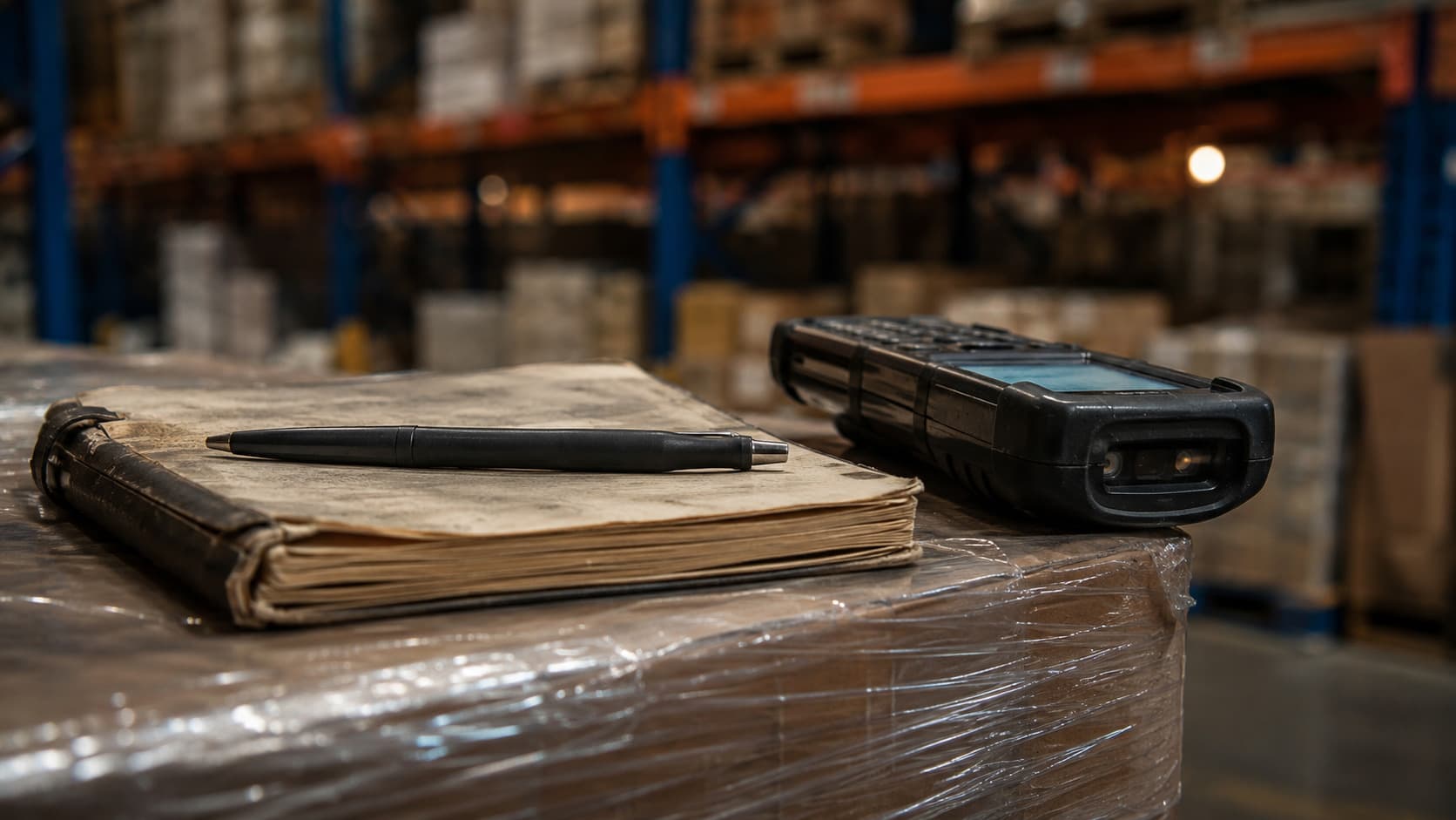 A worn notebook and pen resting on the edge of a shrink-wrapped pallet, a rugged RF scanner beside it, warehouse racking behind.