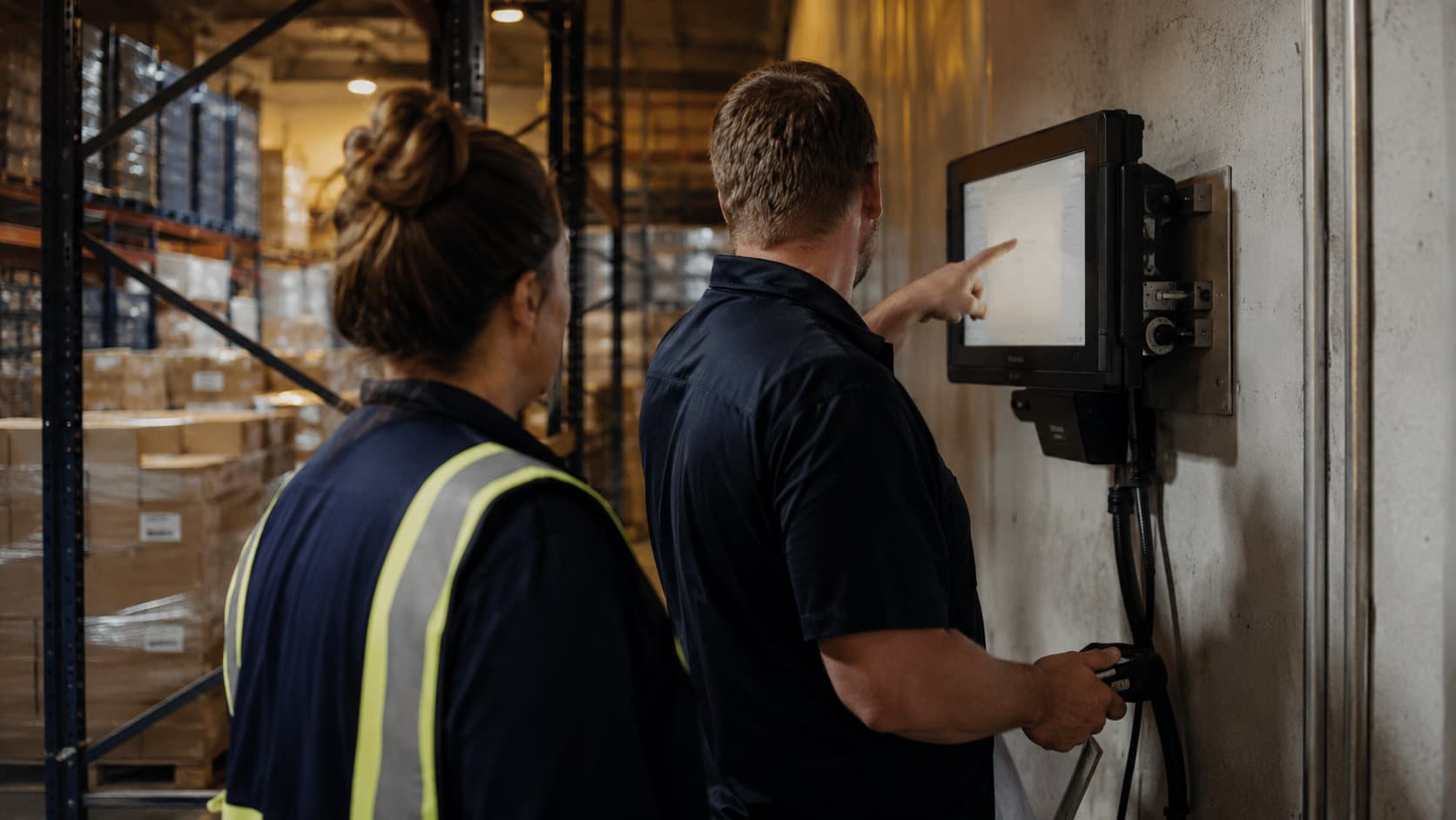 Go-live hypercare on a warehouse floor: a consultant and an operator at a wall-mounted RF terminal beside racking, pallets staged behind.