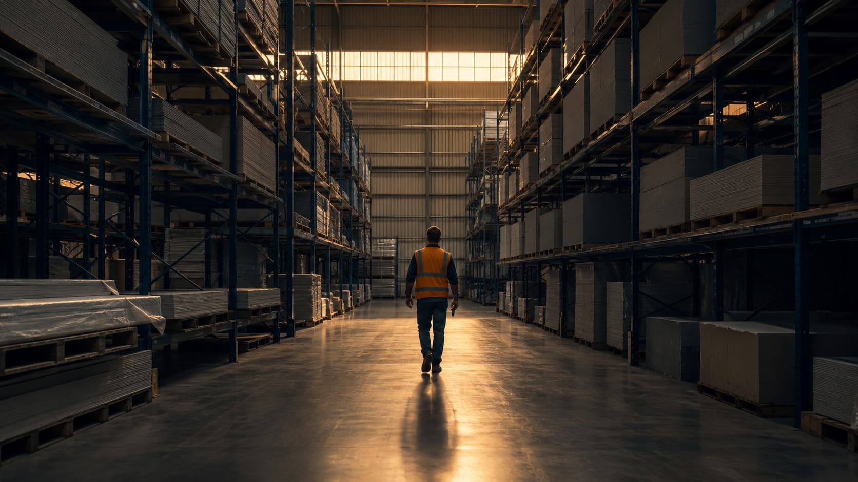 Long centre aisle of an Australian plasterboard warehouse, a worker walking away with an RF scanner under late-afternoon clerestory light.
