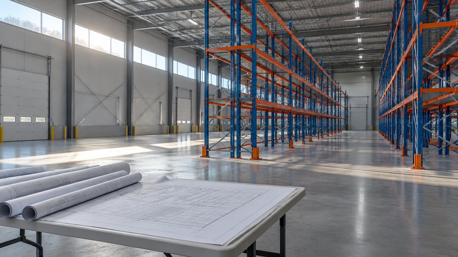 A large, newly fitted warehouse bay with fresh, empty pallet racking and morning light through high windows, a folding table in the foreground holding rolled-up drawings, no people.