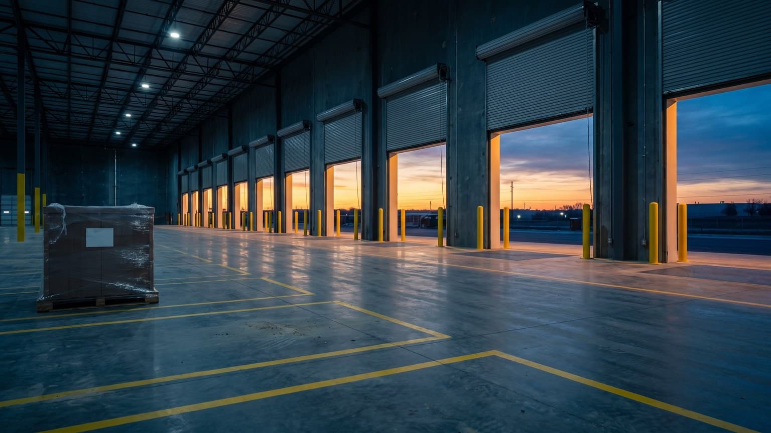A new distribution centre outbound dock at dawn before first dispatch, roller doors half raised, first light across an empty staging lane marked with fresh yellow floor tape and one wrapped pallet waiting.