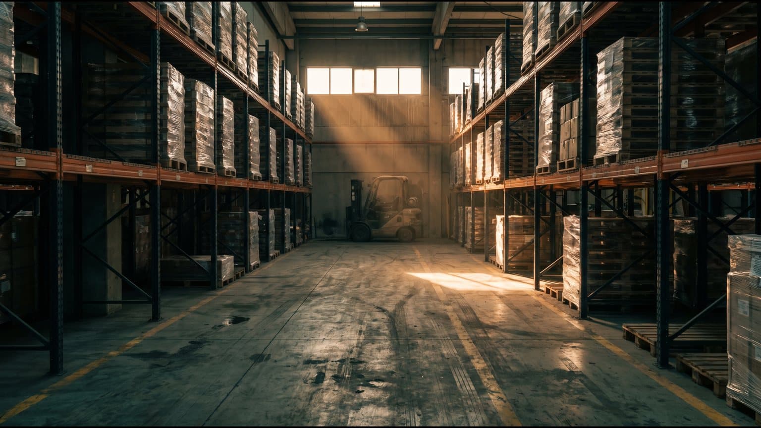 An empty warehouse aisle in warm late light, tall pallet racking on both sides and a single forklift parked at a far bay, the concrete floor worn from years of traffic.