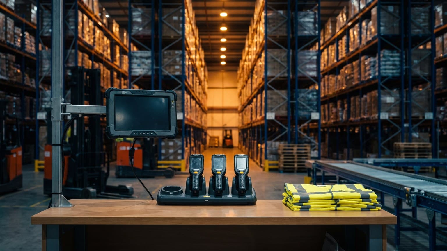 A warehouse supervisor's standing desk at the edge of a live distribution centre floor, a mounted terminal, three RF scanners in a charging cradle and folded high-vis vests, the racking aisles receding behind.