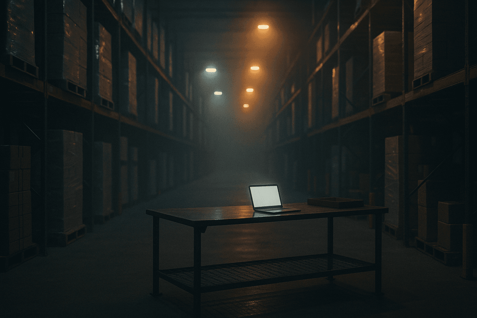 A large warehouse at night during cutover, only a few work lights on and a laptop open on a steel packing bench in an empty aisle.