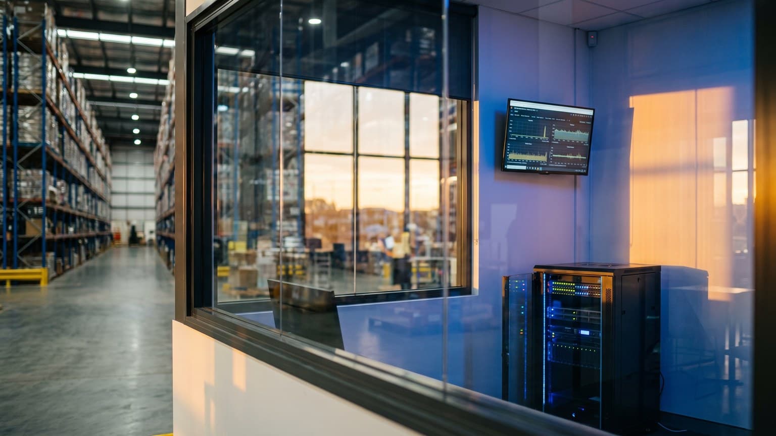 A small warehouse control room seen through glass, a single rack of network equipment and one monitor, with the long racking aisles of the distribution centre reflected beyond.