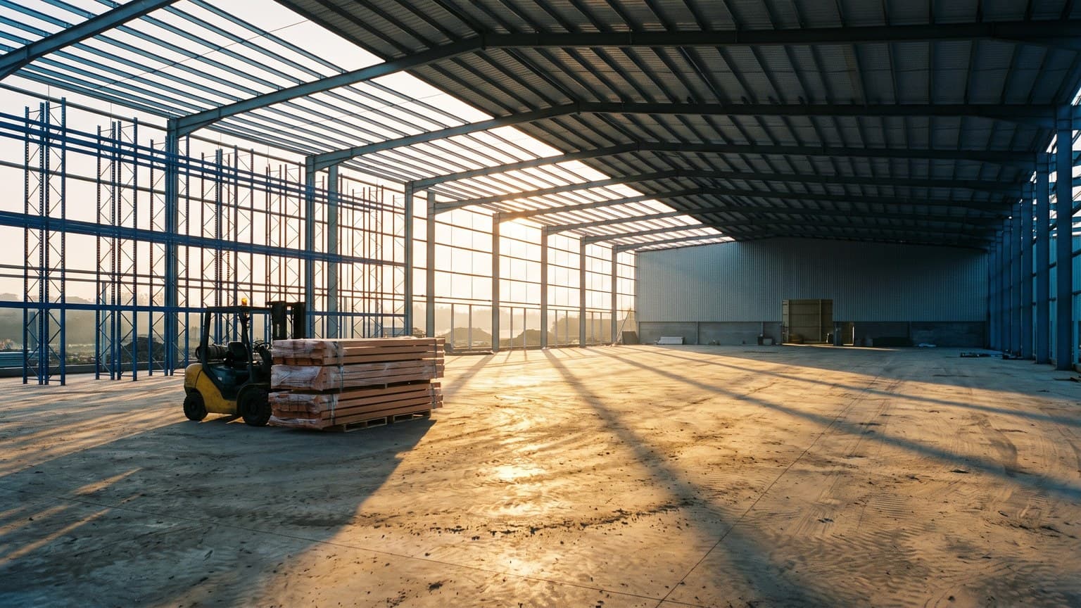 A distribution centre under construction, steel portal frame complete and roof cladding half on, one run of racking already installed beside a stack of unopened beams and a parked forklift in low golden light.