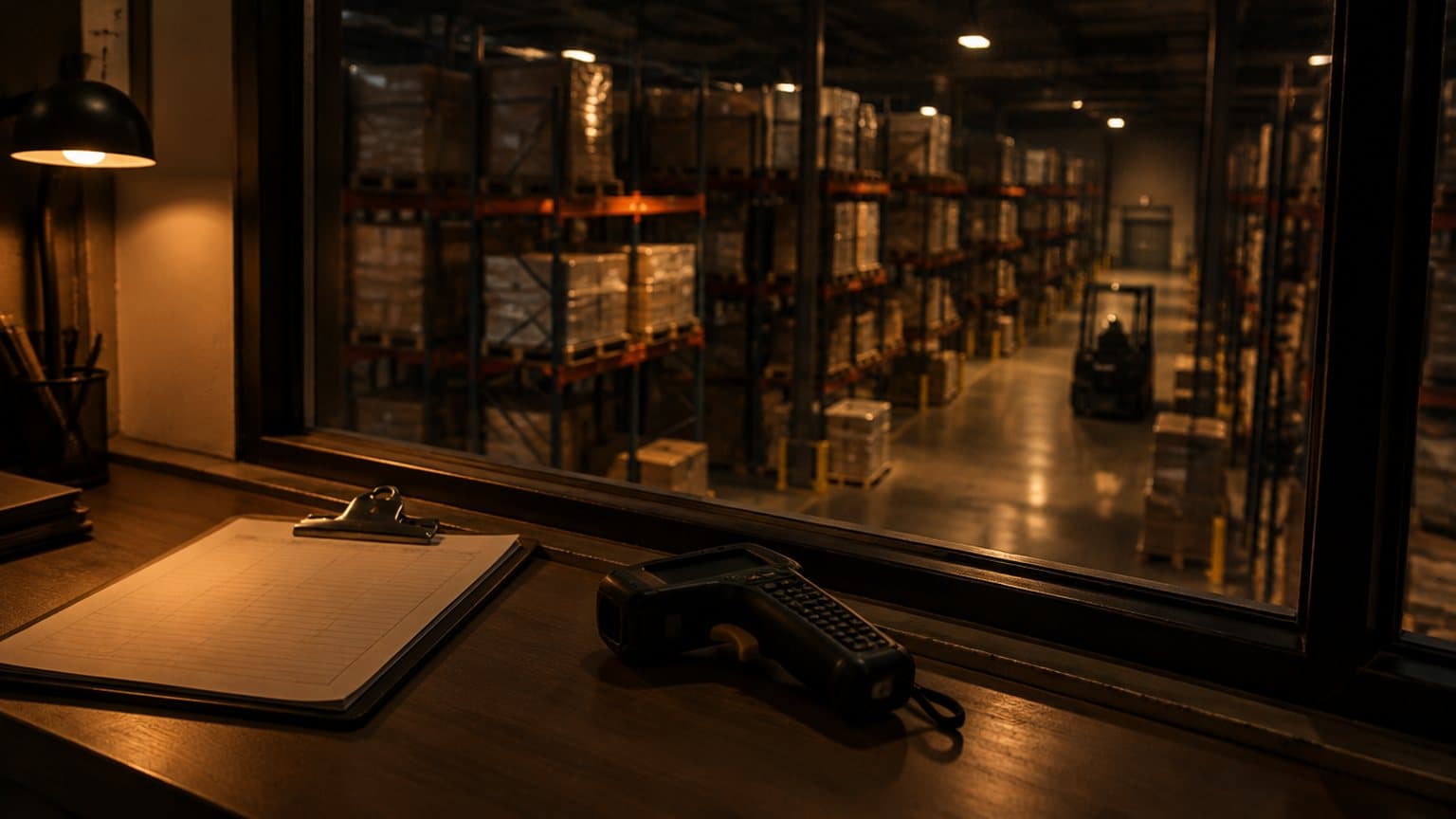 A warehouse mezzanine office window at night, looking down over dimly lit aisles of pallet racking, with a clipboard and a rugged handheld scanner on the sill in the warm light of a desk lamp and no people in view.