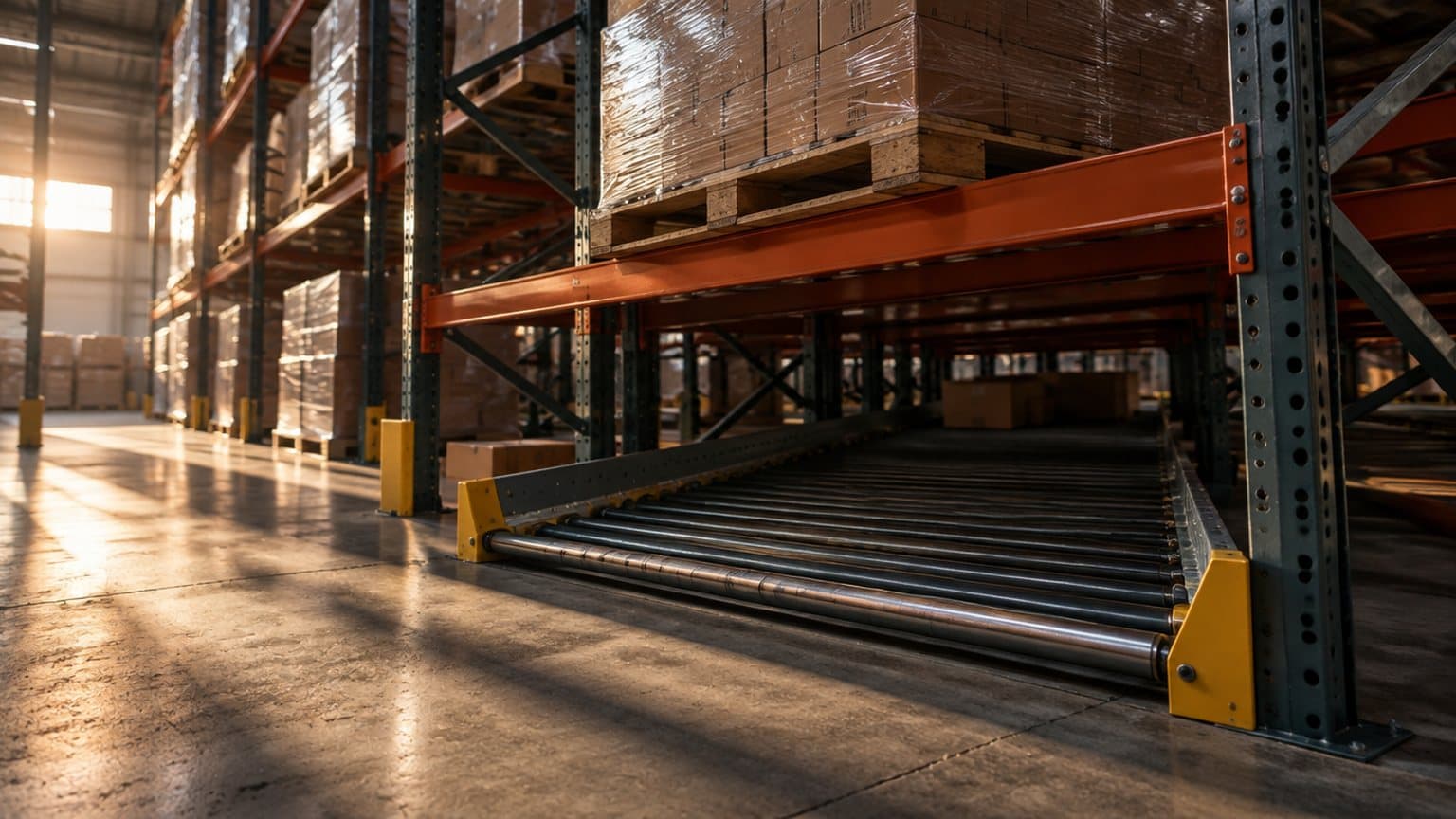 A carton flow rack pick face sitting below selective pallet racking in warm, low-angle light, one lane nearly empty while a pallet on the beam above waits to replenish it, no people in frame.