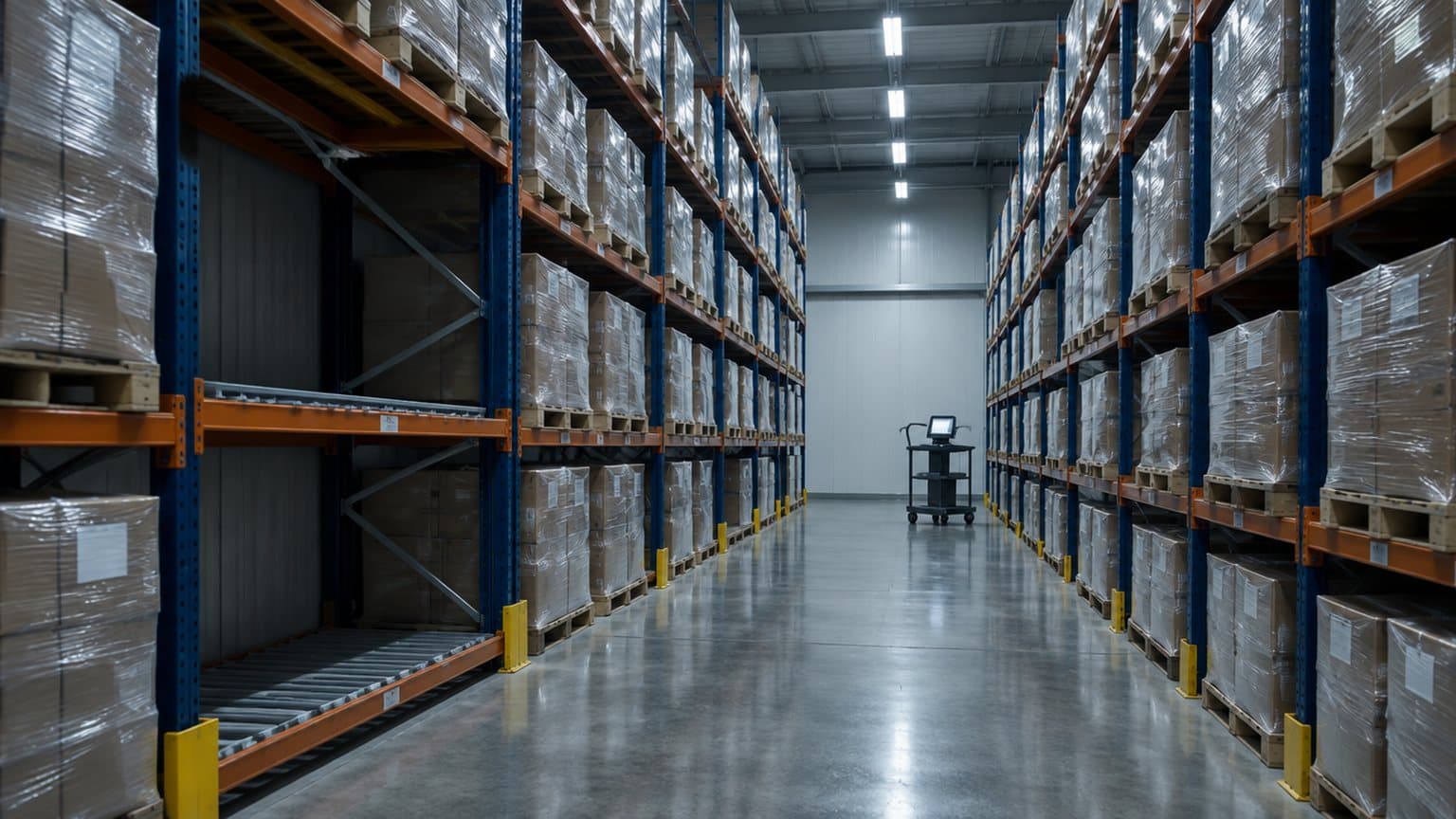 A long aisle of selective pallet racking under cool fluorescent light, one empty location among full ones, and a single stock-count trolley parked at the far end with no people in view.