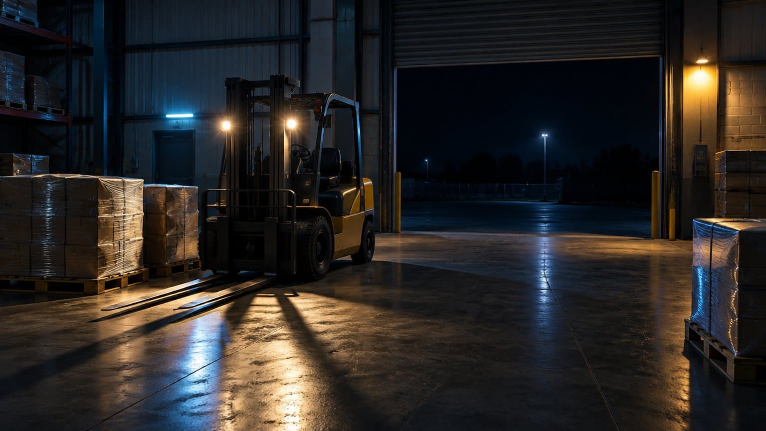 A quiet dispatch dock at night with one roller door open to the darkness and a single forklift parked with its lights on, lit in cool blue and amber, no people in view.