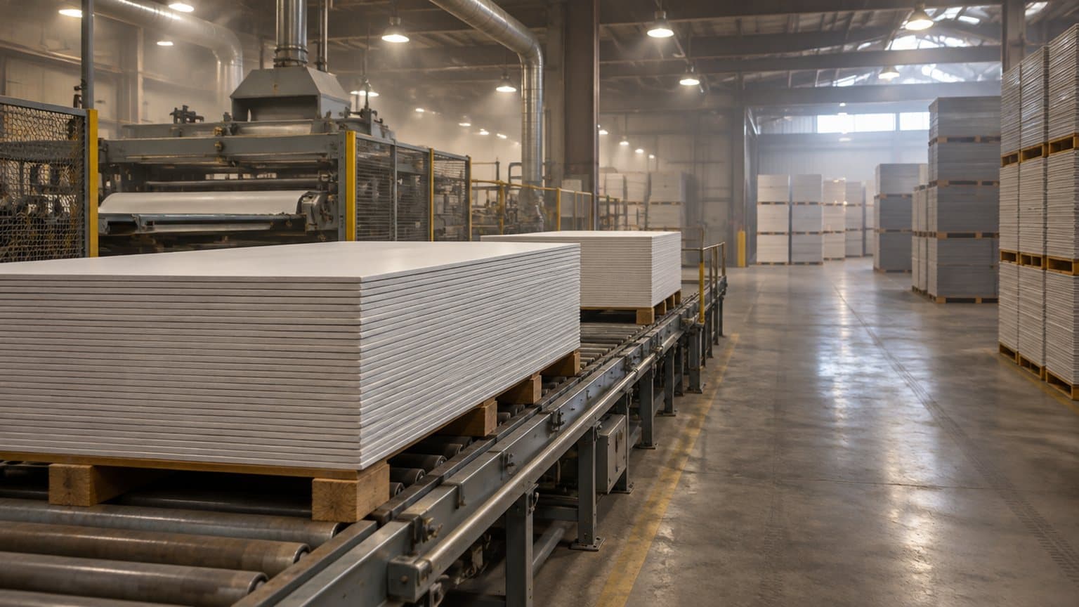 A plasterboard factory transfer area where stacks of plasterboard sheets on timber bearers move from the end of a production line toward warehouse storage under industrial lighting, with no people in frame.