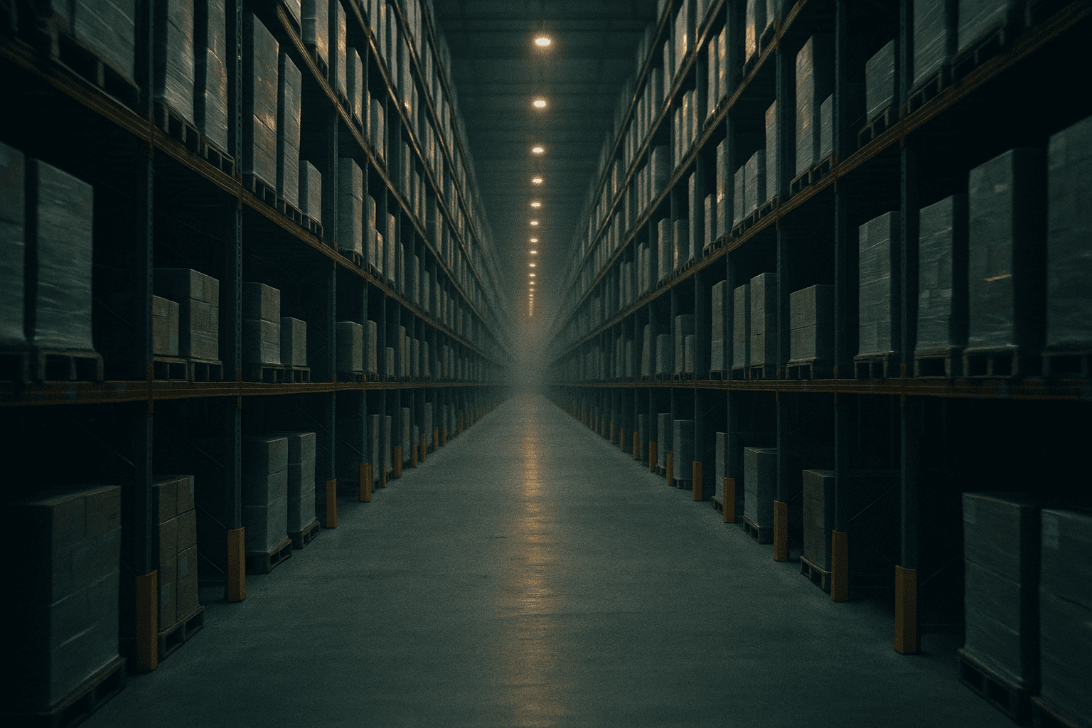 A vast symmetrical distribution centre interior with uniform racking rows stretching to the vanishing point.