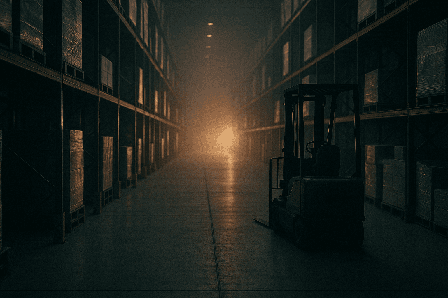 An empty warehouse outbound aisle at early-morning shift change, long shadows across the floor and a single forklift parked and still.
