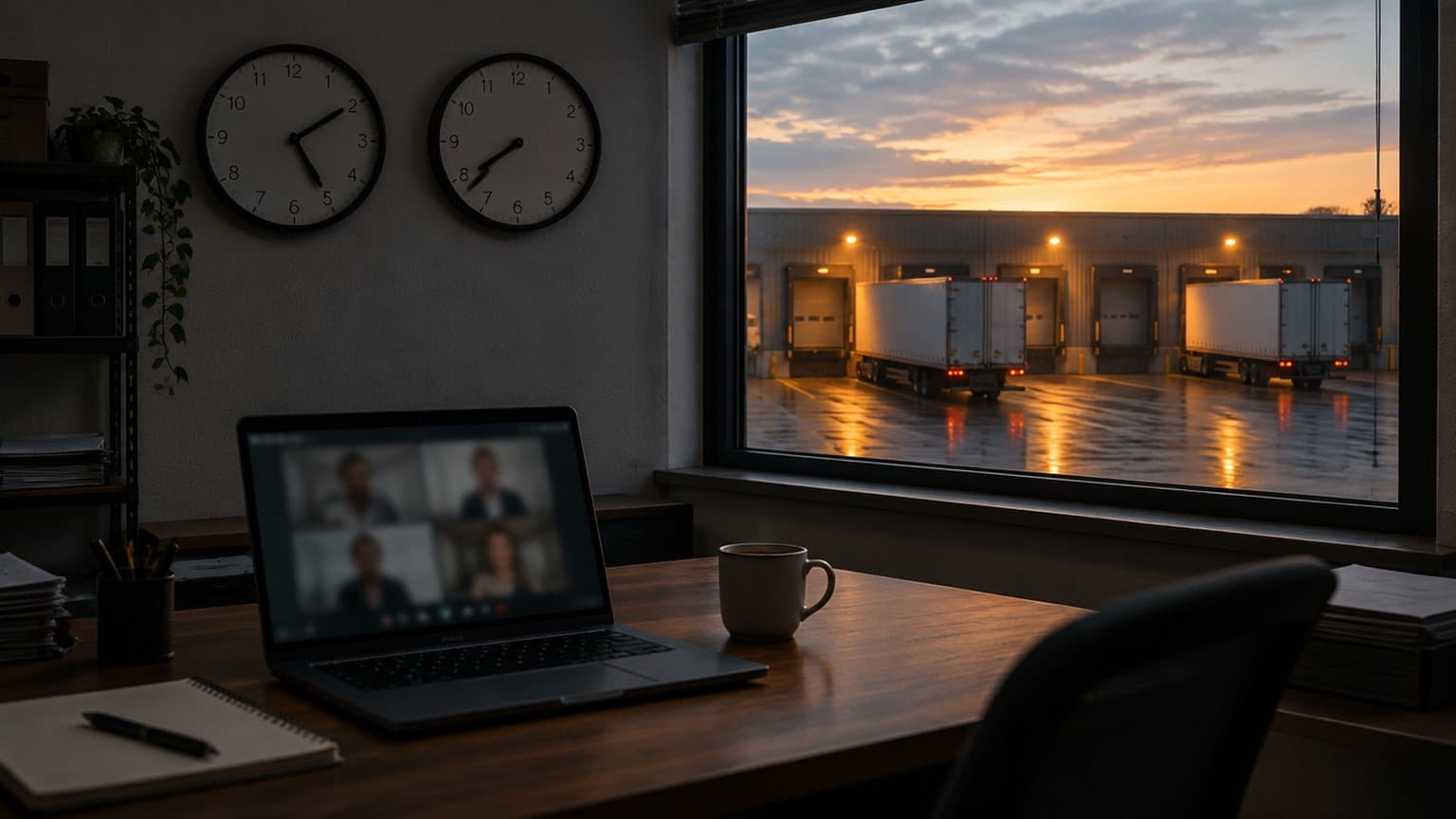 A small warehouse office at dawn: a laptop on the desk showing a blurred video call, a coffee cup beside it, two wall clocks set to different times, and through the window the first trucks backing onto the dock. No people are visible.