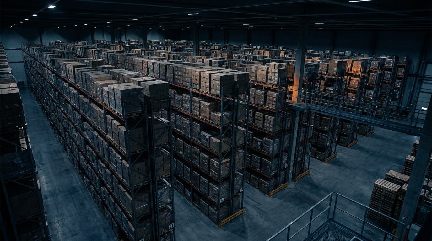 A vast high-bay warehouse of full pallet racking seen from above, uniform and dense, receding into shadow with no operators in frame.