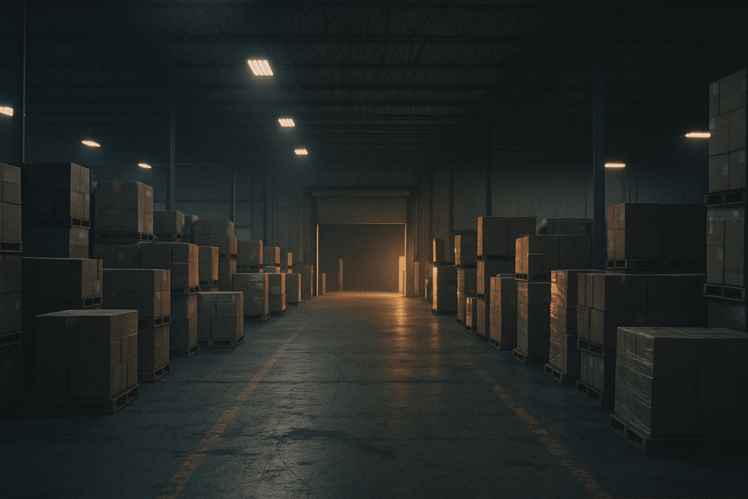 A warehouse outbound dock at the end of a long shift, pallets slightly misaligned and floor markings worn in warm dusk light.
