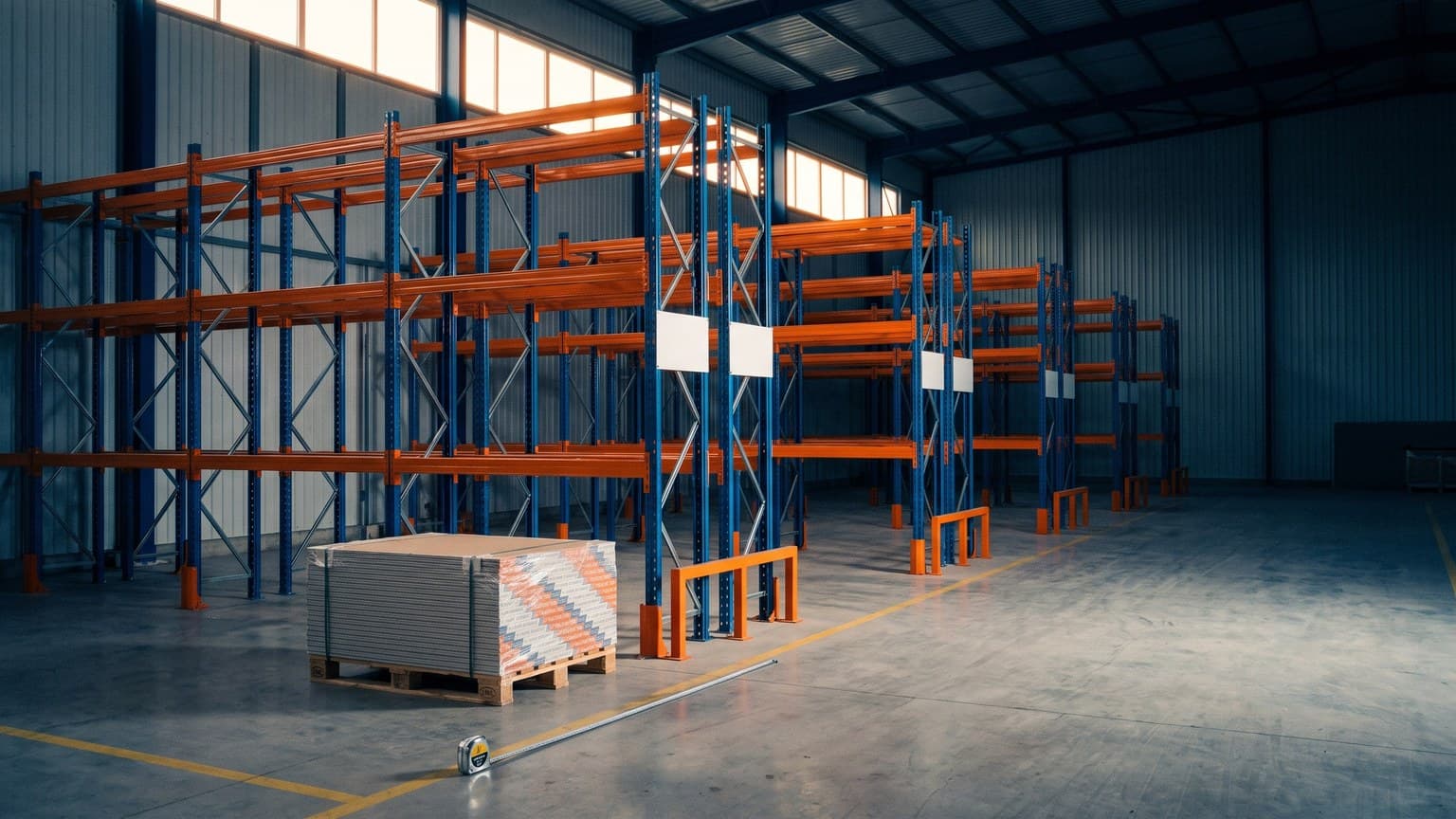 Freshly installed pallet racking in an empty warehouse with blank white bin labels along the beams, a single pallet of plasterboard in the first bay and a tape measure on the concrete floor.