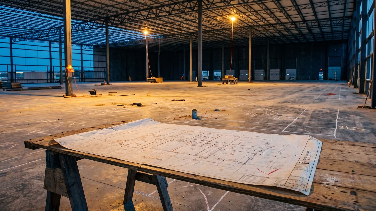 An architectural warehouse floor plan spread on a trestle table inside a half-finished distribution centre, the unfinished slab and rising steel columns visible beyond, dust in the late light.