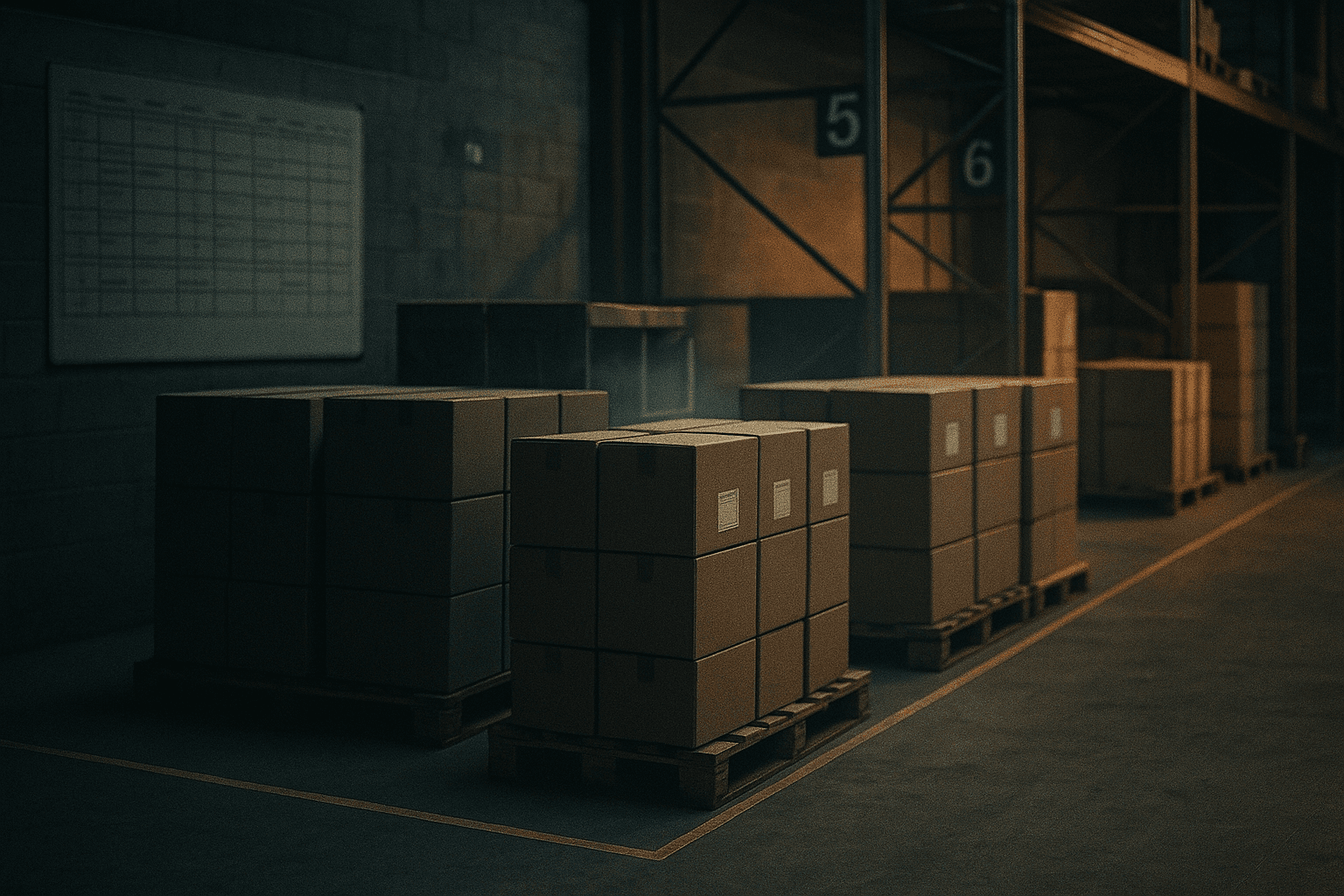 A warehouse staging area during rollout preparation, floor tape marking labelled bays and a wall planner of shift plans faintly visible.