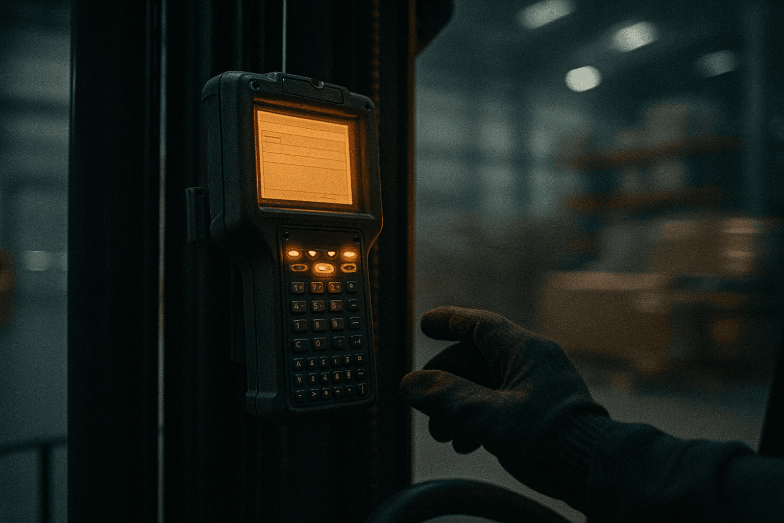 A rugged RF terminal mounted on a forklift mast with an operator's gloved hand near it, its interface glowing against motion-blurred racking.