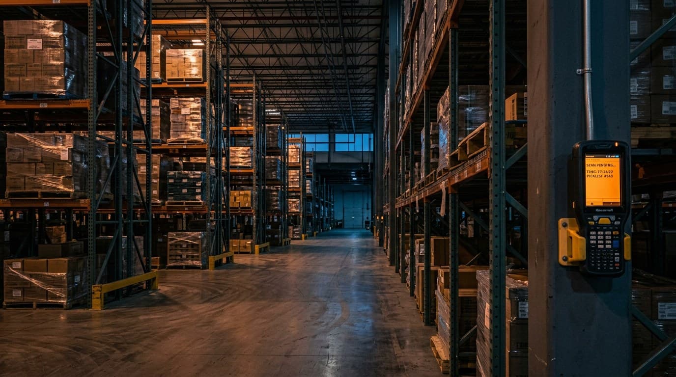 A long warehouse aisle at dusk with a wall calendar-like grid of racking receding into low amber light, a single RF terminal glowing at the near bay.