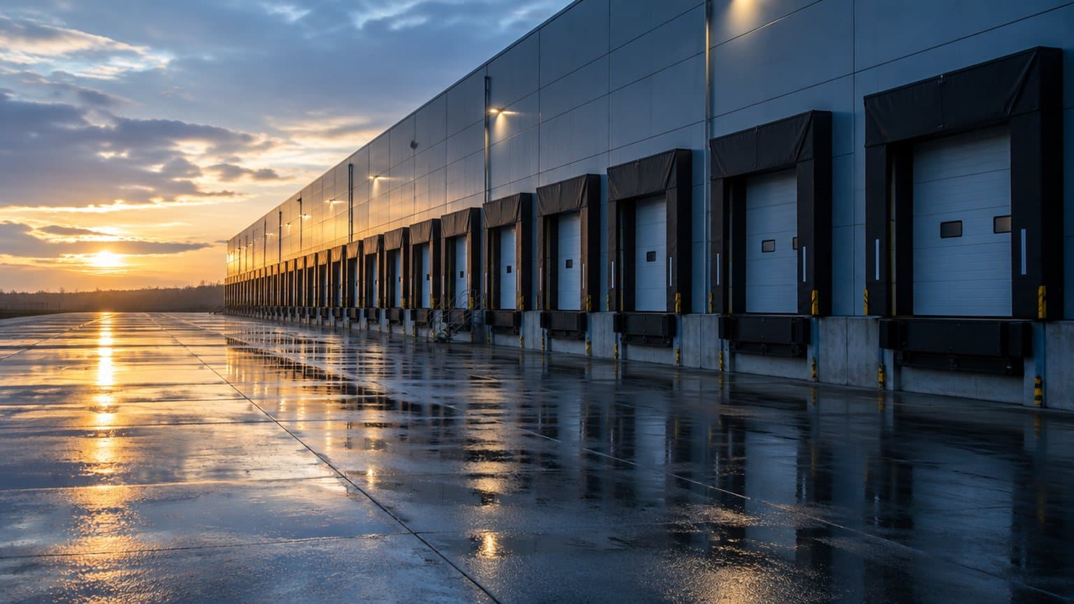 A long row of identical numbered dock doors along a distribution centre wall at early morning, receding into the distance under soft blue and gold light, with no people and the numbers indistinct.