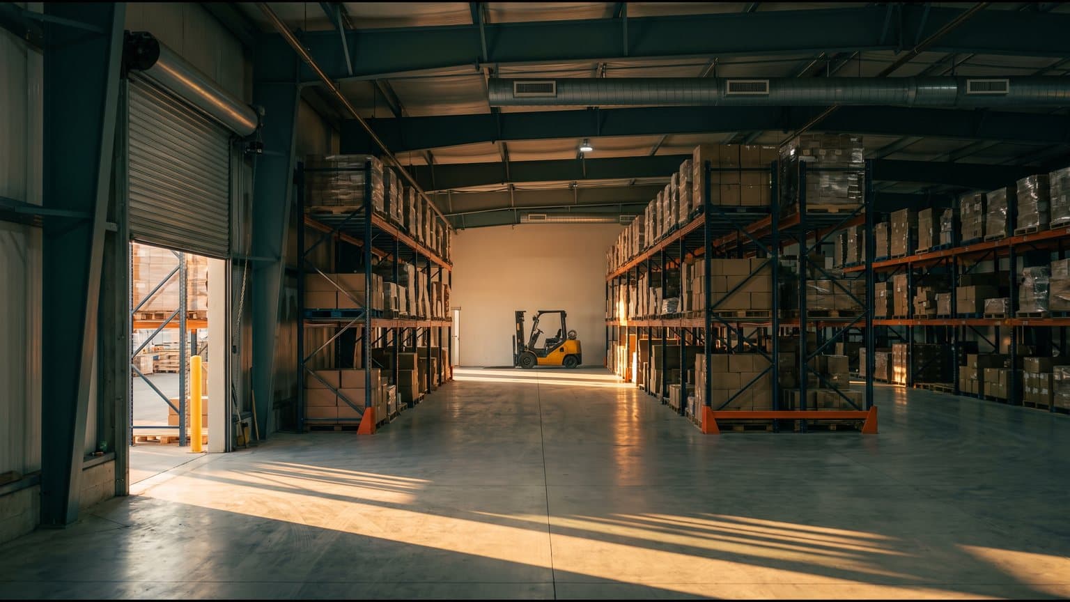 A quiet, warm-lit mid-sized warehouse with a single wide aisle of pallet racking running into the distance, a lone forklift parked at the end and late afternoon light falling across a clean concrete floor.