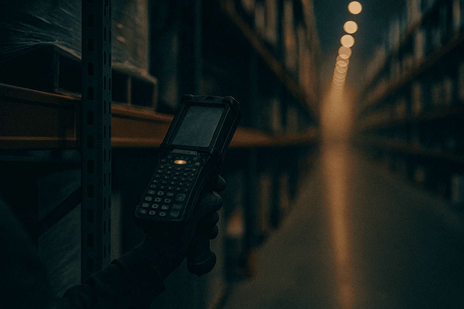 An RF handheld scanner held at a pallet racking bay, its screen faintly glowing while a warehouse aisle recedes into amber-lit haze behind it.