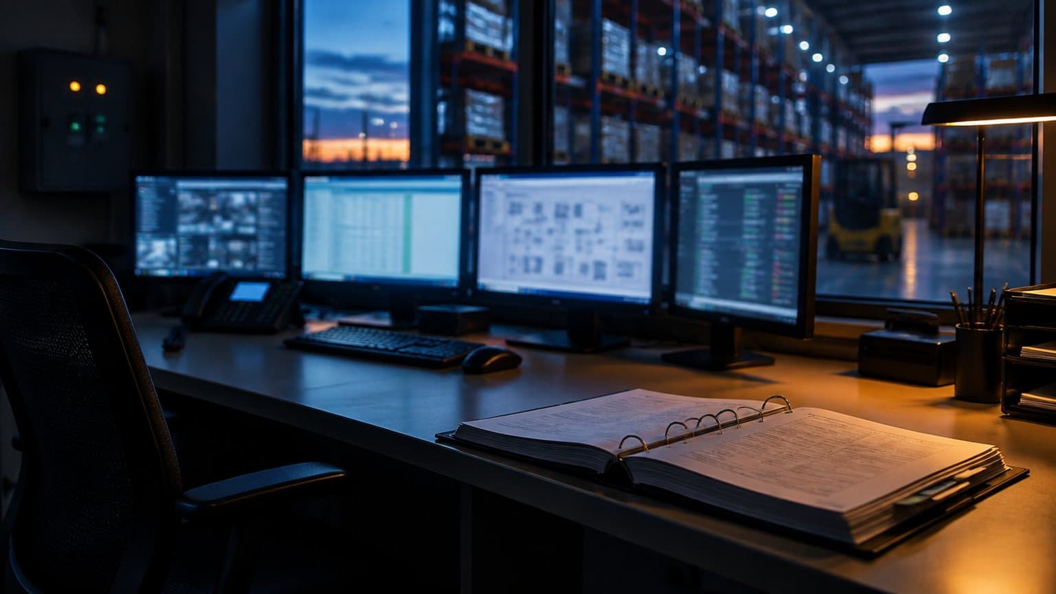 An empty warehouse control room at dusk, several monitors glowing with unreadable screens and a thick ring binder of documentation open on the desk, with no people in the room.