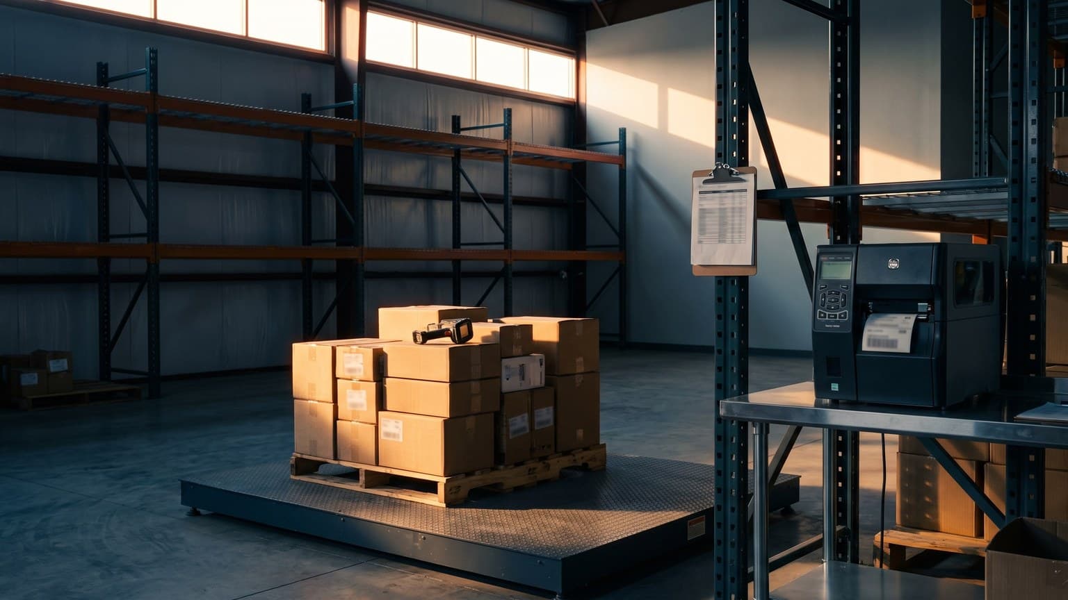 A test bay inside a new warehouse, a pallet of mixed cartons on a floor scale beside a label printer on a steel bench, an RF scanner resting on the cartons and a printed test script clipped to the racking upright.