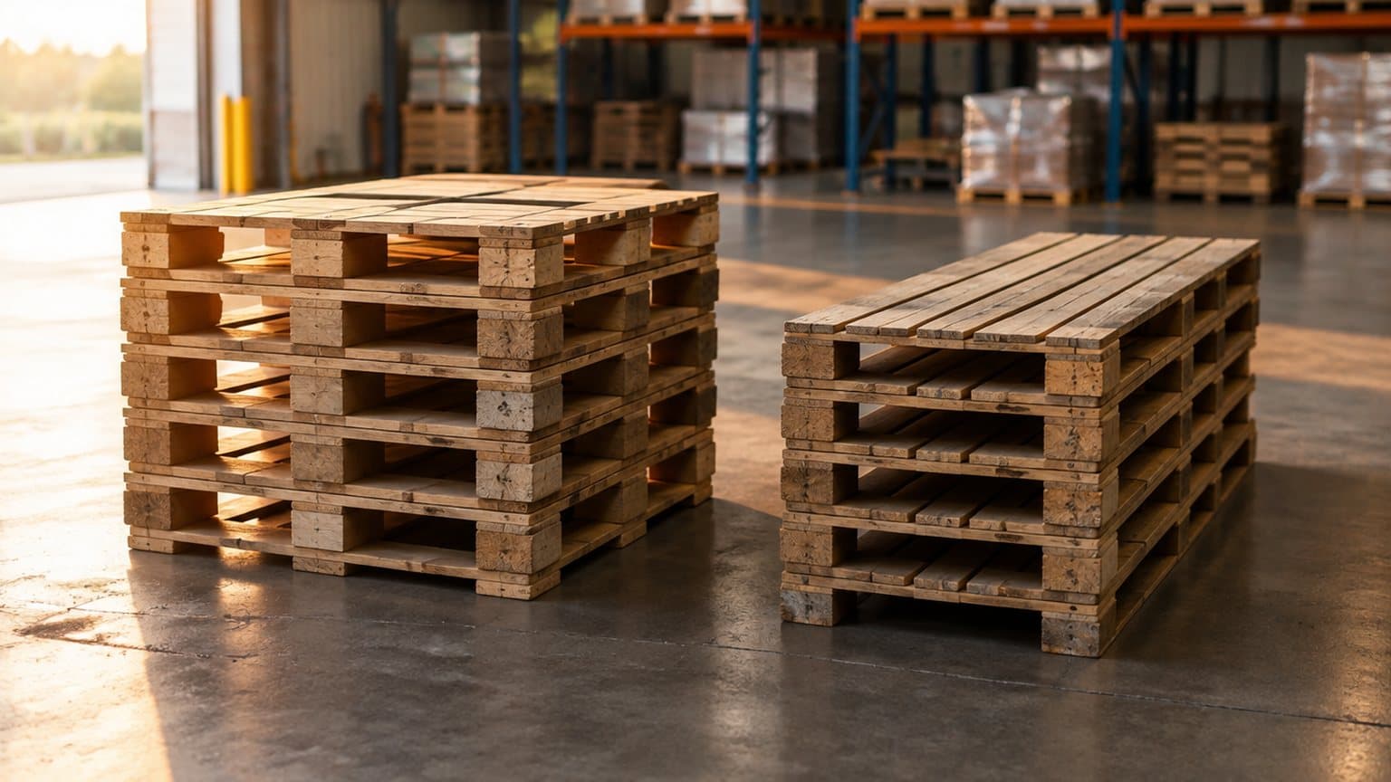 A stack of square timber pallets beside a stack of rectangular timber pallets on a concrete warehouse floor, lit from the side with warm light and a shallow depth of field.