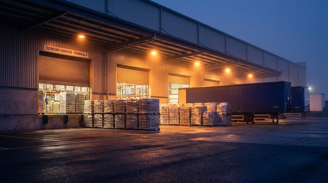 A warehouse outbound loading dock at dusk, shrink-wrapped pallets staged for dispatch under warm amber dock light against cool navy shadows.