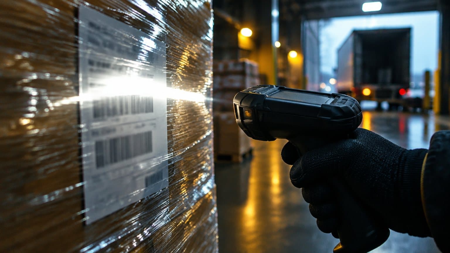 Close detail of a pallet label under harsh dock lighting with a streak of glare across it, a rugged handheld scanner held at an angle by a gloved hand, the label text blurred and unreadable.