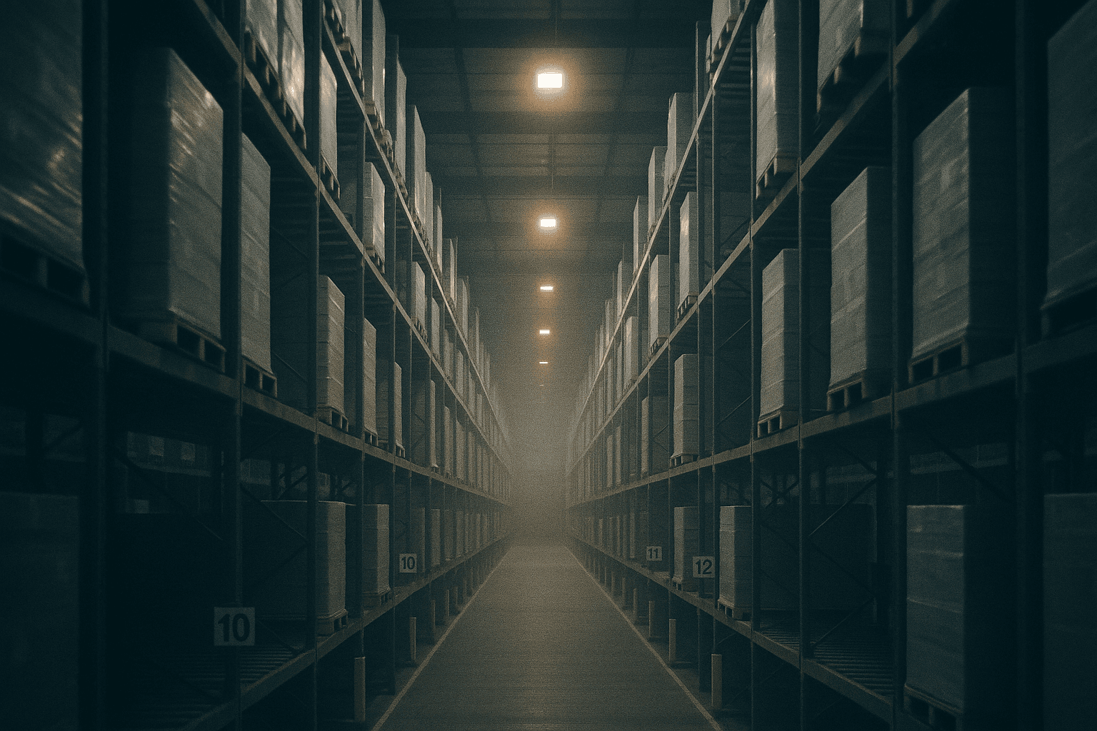 A clean, minimal, ordered high-bay warehouse aisle with uniform racking and standard signage receding to a single vanishing point under muted light.