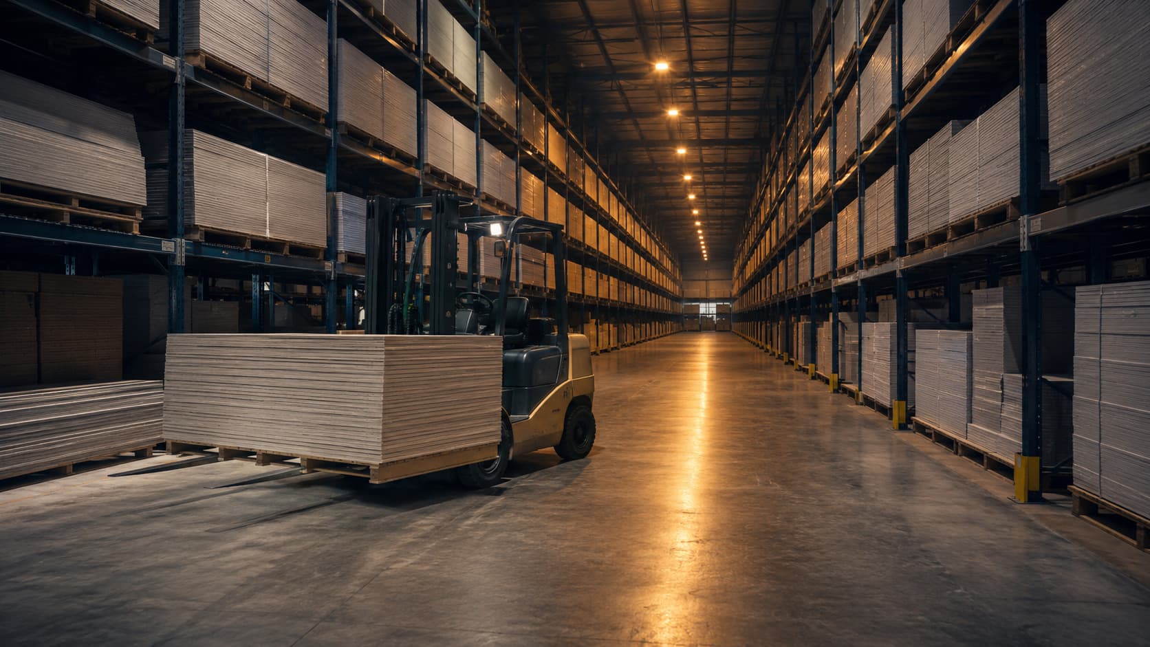 Wide single-point perspective down the centre aisle of the Knauf Pinkenba plasterboard warehouse, a forklift mid-turn under amber zone lighting.