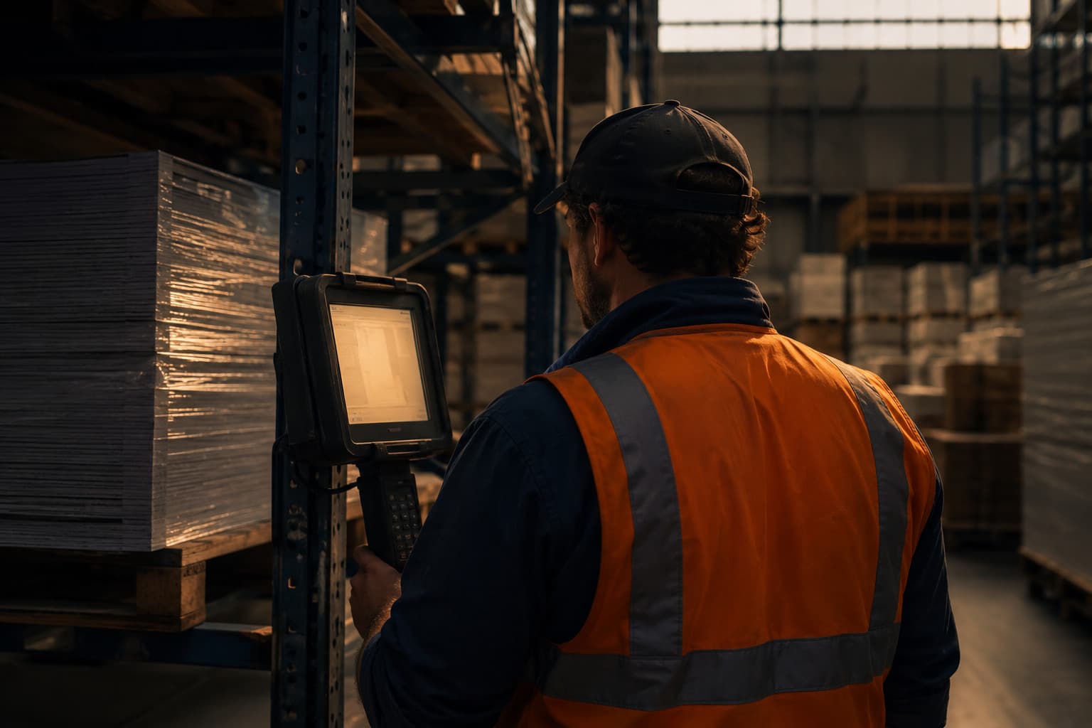 Warehouse operator at a mounted RF terminal, screen glowing against deep warehouse shadow.